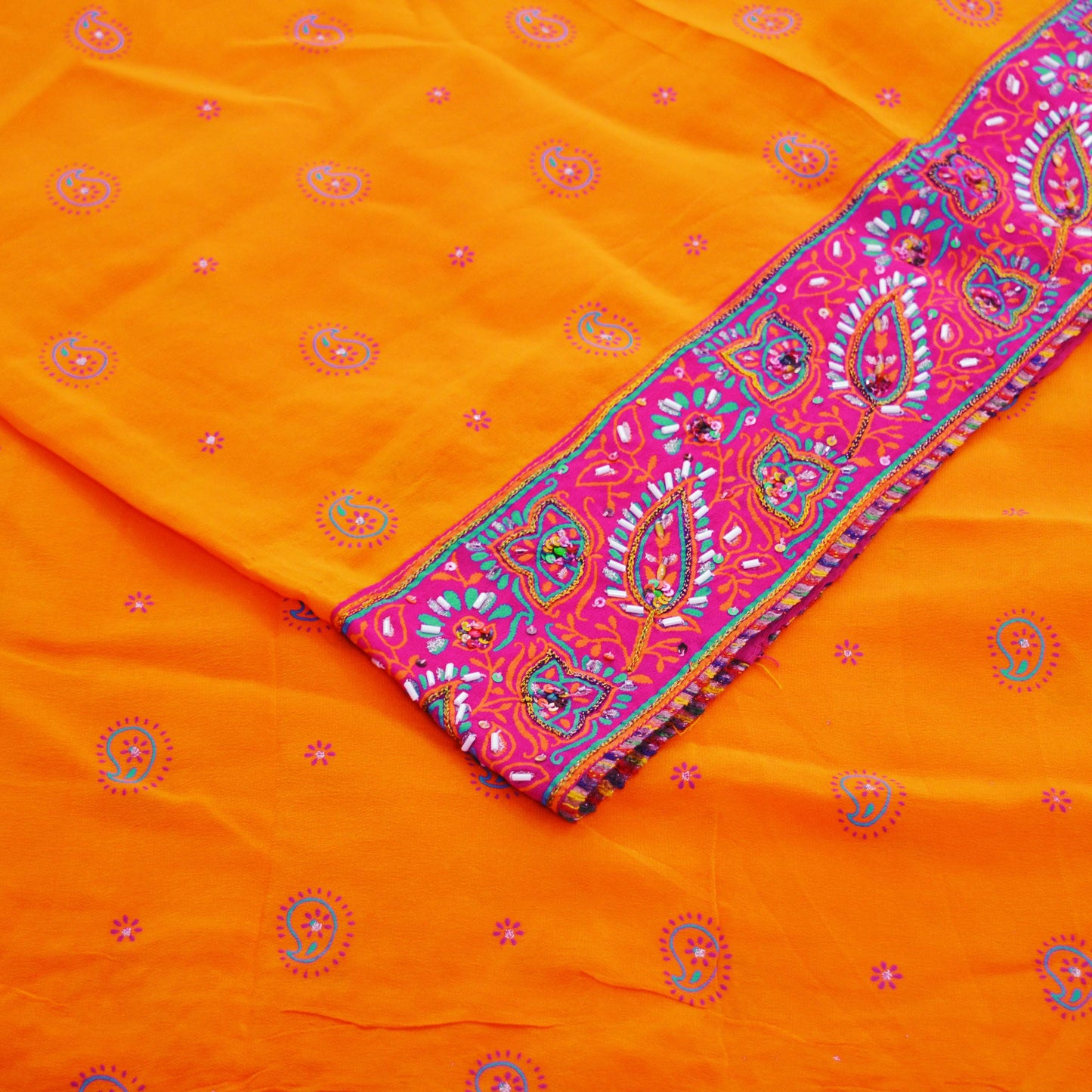 Indian Vintage Sari Orange Pure Crepe Silk Hand Embroidered Saree 5yard Sewing Floral Craft Sequins