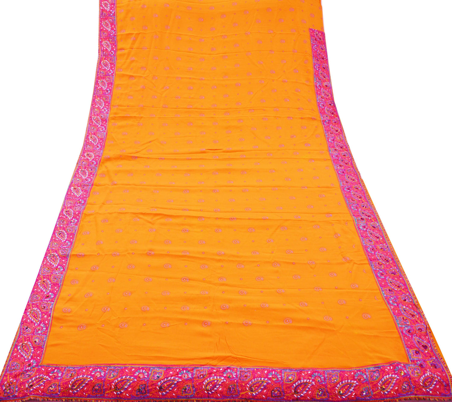 Indian Vintage Sari Orange Pure Crepe Silk Hand Embroidered Saree 5yard Sewing Floral Craft Sequins