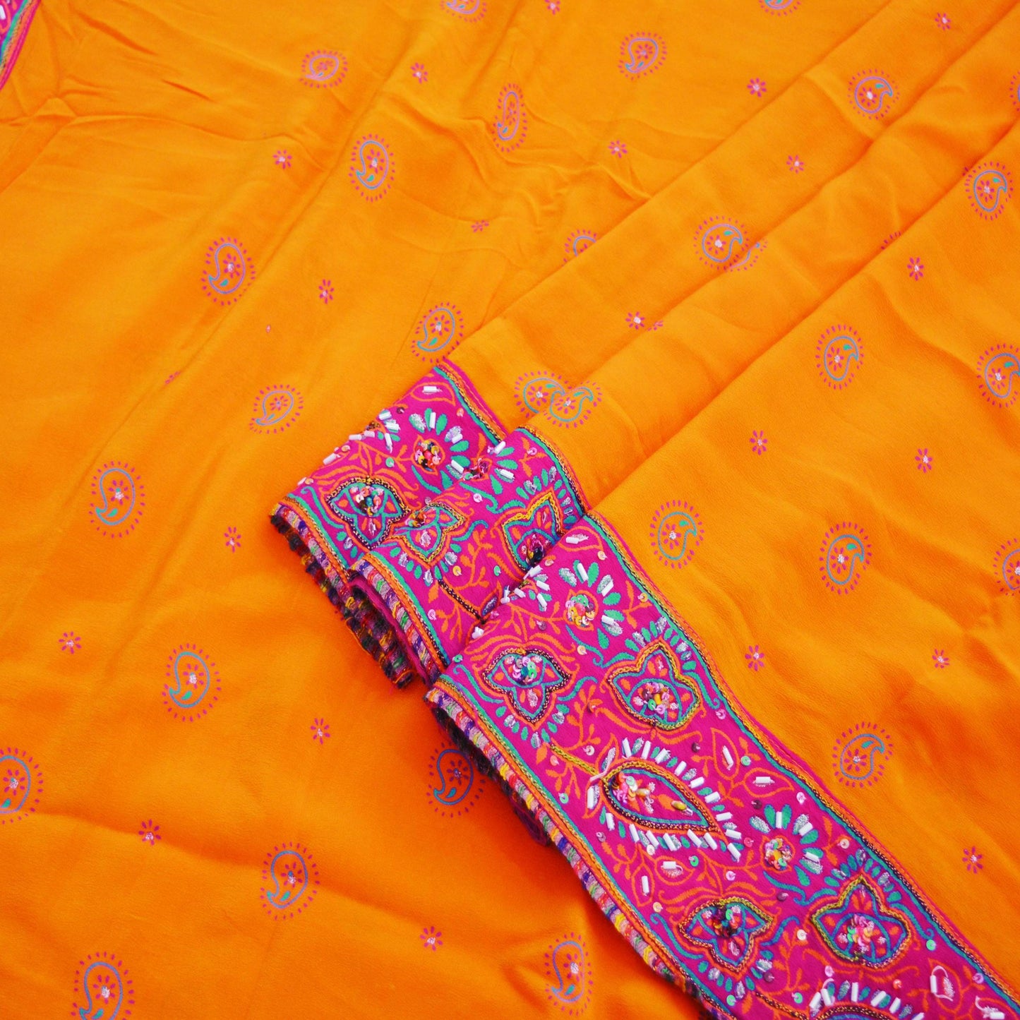 Indian Vintage Sari Orange Pure Crepe Silk Hand Embroidered Saree 5yard Sewing Floral Craft Sequins