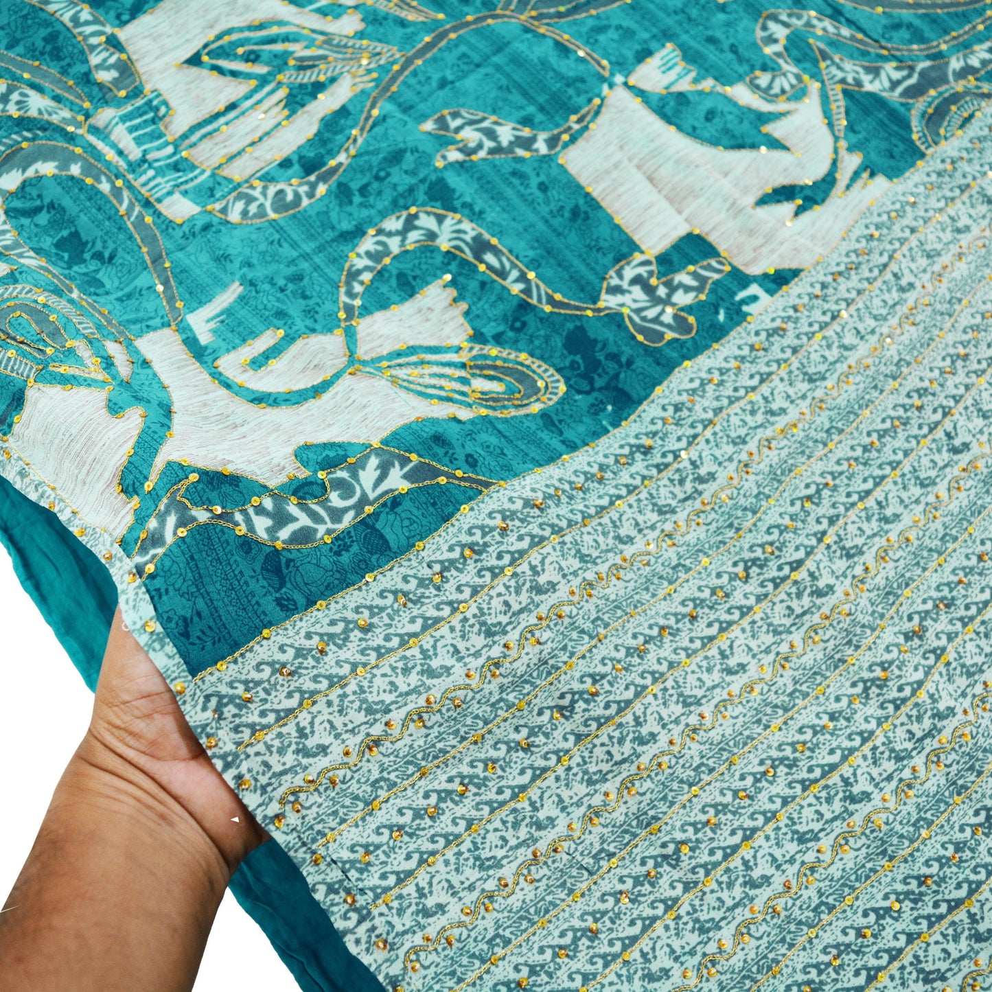 Indian Vintage Sari Blue Pure Crepe Silk Hand Embroidered Saree 5yard Sewing Floral Craft Sequins