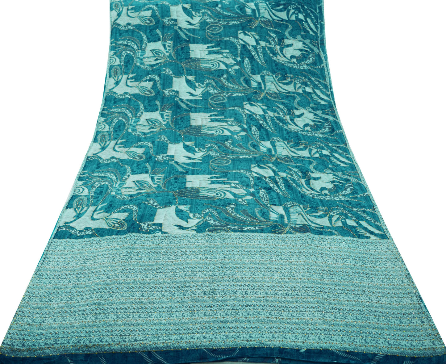 Indian Vintage Sari Blue Pure Crepe Silk Hand Embroidered Saree 5yard Sewing Floral Craft Sequins