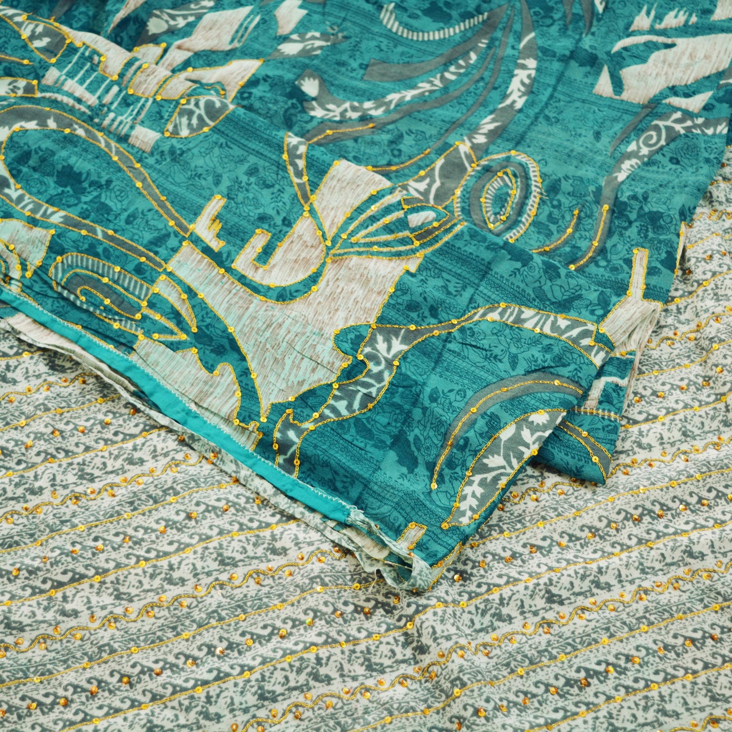 Indian Vintage Sari Blue Pure Crepe Silk Hand Embroidered Saree 5yard Sewing Floral Craft Sequins