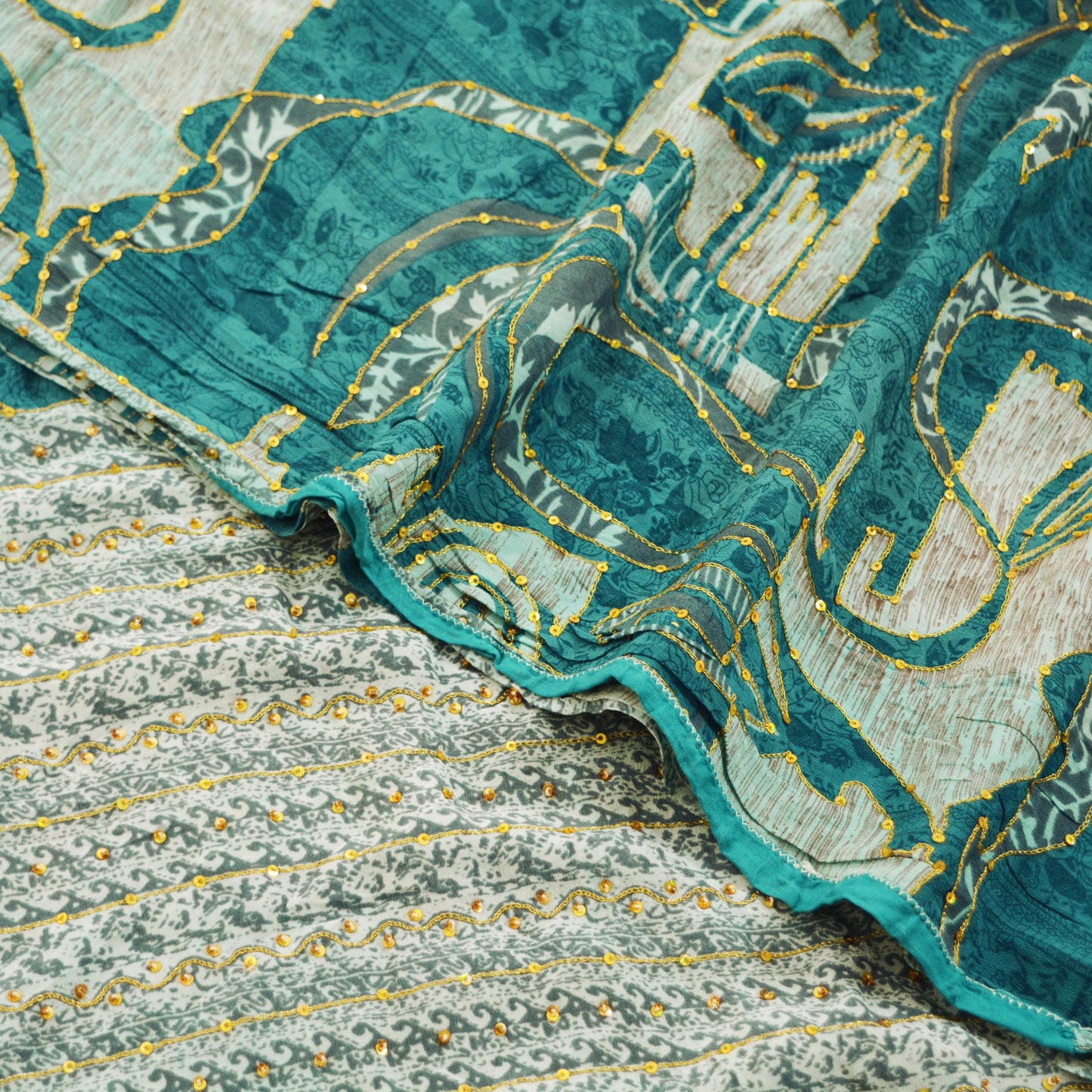 Indian Vintage Sari Blue Pure Crepe Silk Hand Embroidered Saree 5yard Sewing Floral Craft Sequins