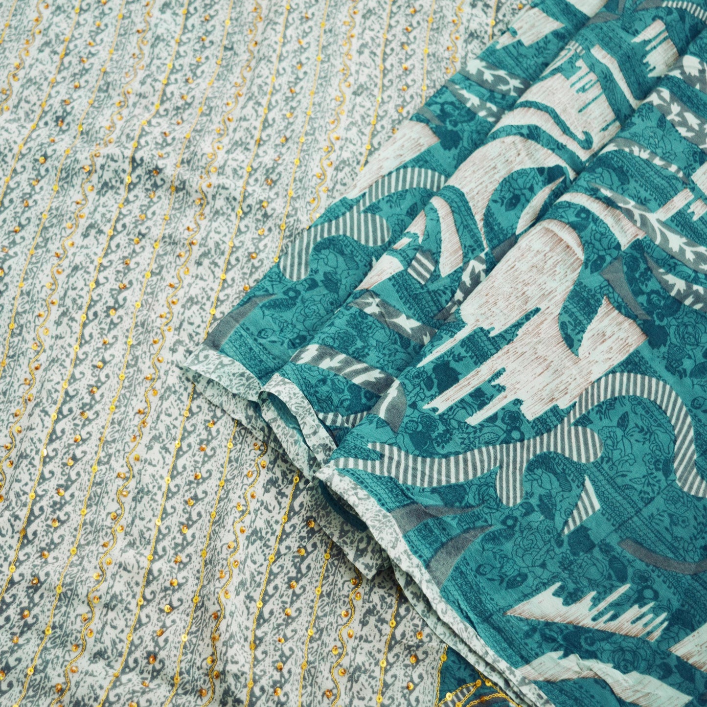Indian Vintage Sari Blue Pure Crepe Silk Hand Embroidered Saree 5yard Sewing Floral Craft Sequins