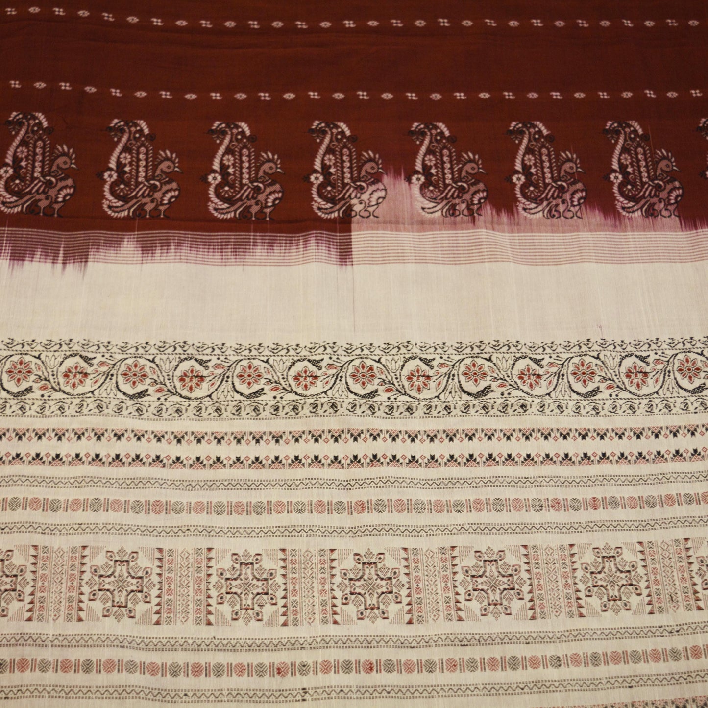 Indian Vintage Sari Maroon & Cream Pure Cotton Hand Woven Baluchari Saree 5yard Ethnic Fringes Peacock