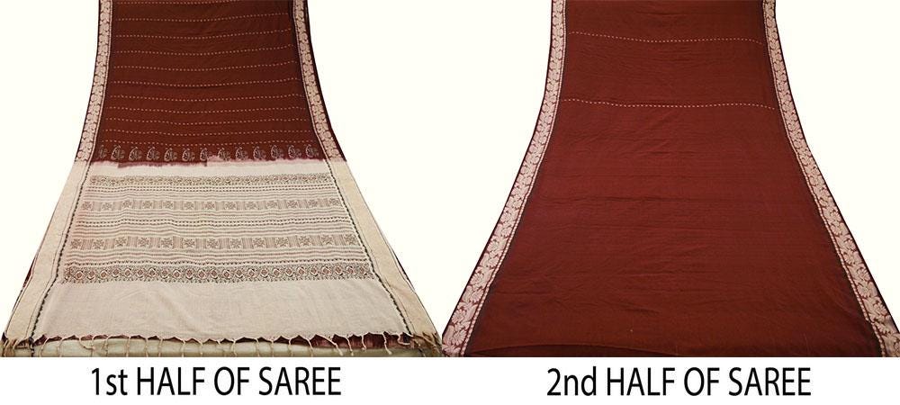 Indian Vintage Sari Maroon & Cream Pure Cotton Hand Woven Baluchari Saree 5yard Ethnic Fringes Peacock