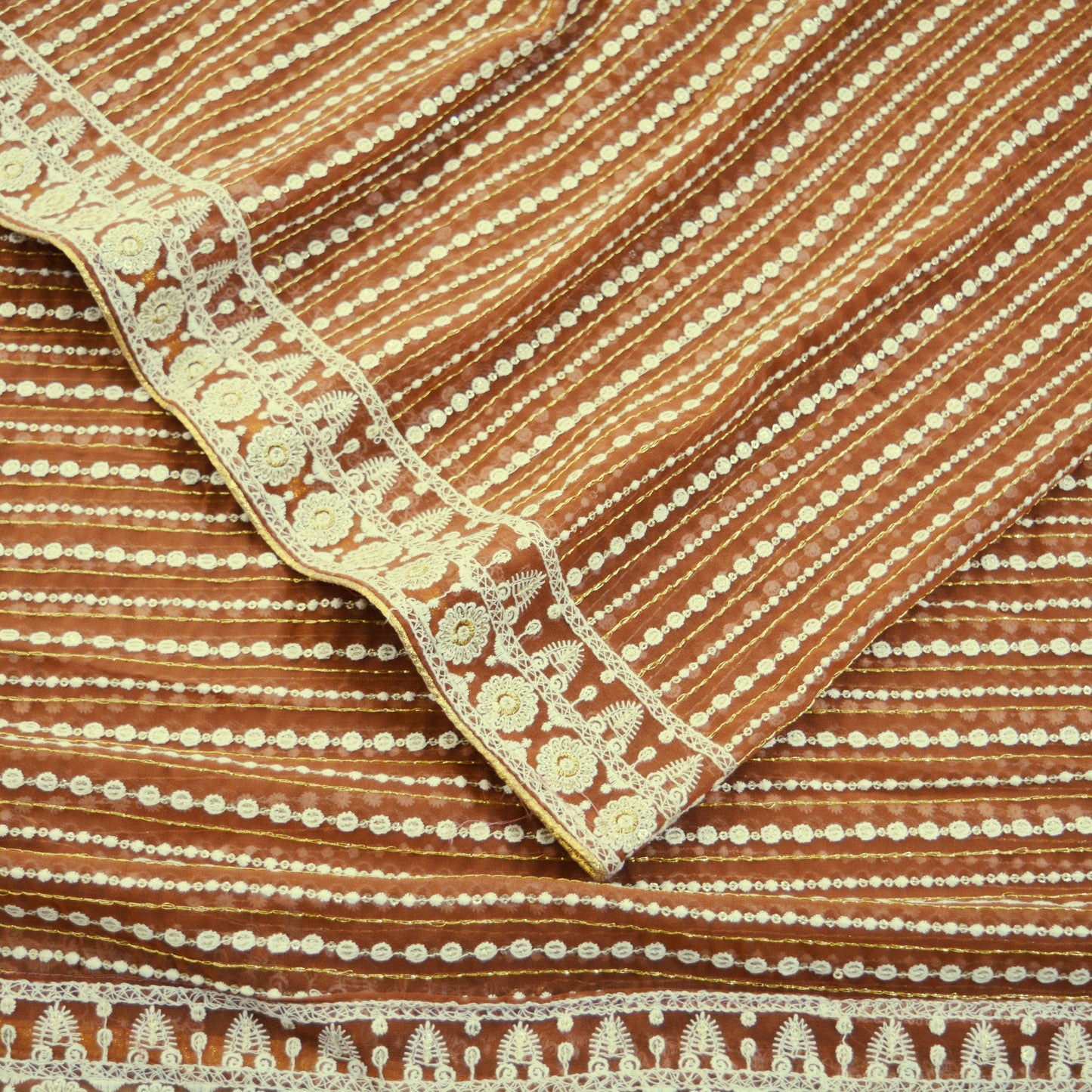 Vintage Brown Dupatta Long Stole Pure Georgette Silk Hand Embroidered Indian Scarves Veil Hijab Floral