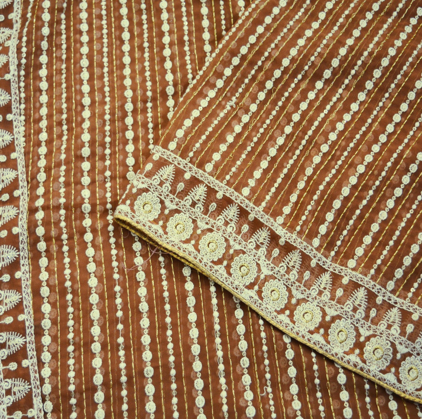 Vintage Brown Dupatta Long Stole Pure Georgette Silk Hand Embroidered Indian Scarves Veil Hijab Floral