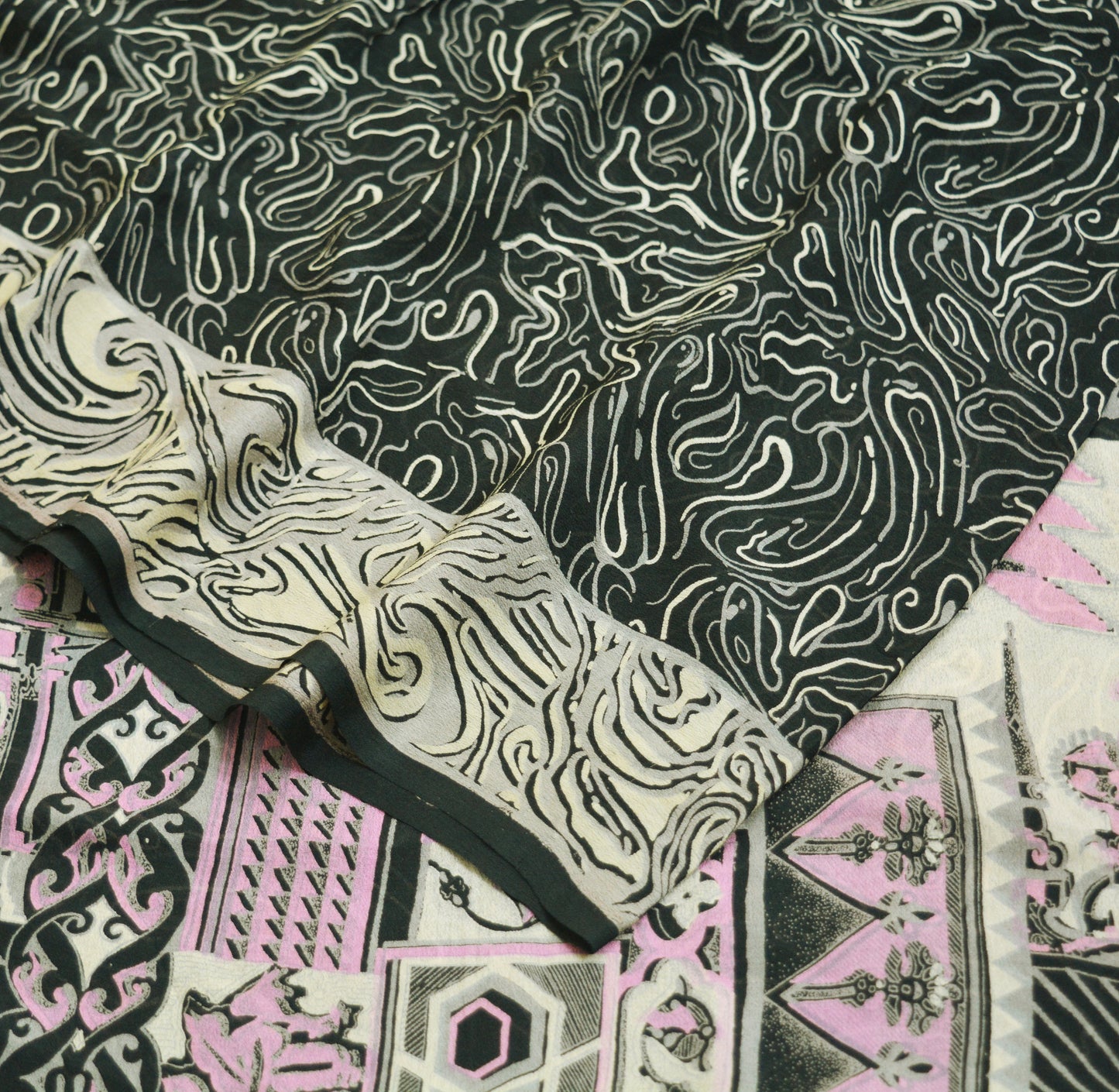 Indian Vintage Sari Black 100% Pure Silk Printed Saree Fabric 6yard Sewing Craft DressMaking Soft Abstract