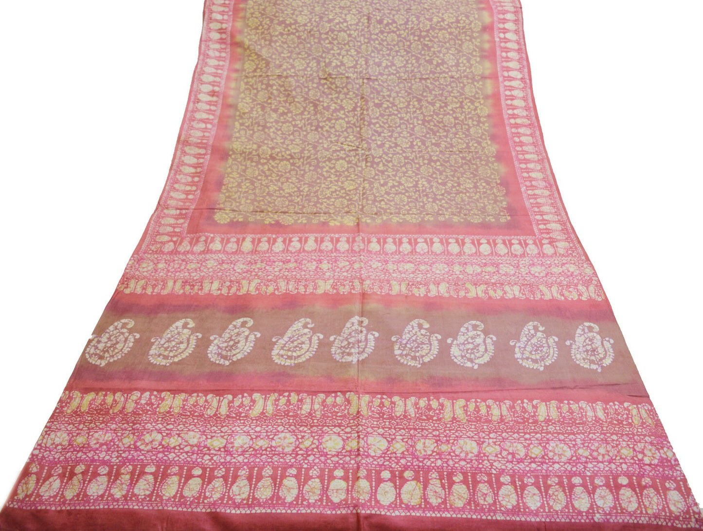 Indian Vintage Sari Pink & Brown Batik Printed Pure Silk Saree Craft Soft Fabric 5Yard Sewing Sarong Wrap Boho