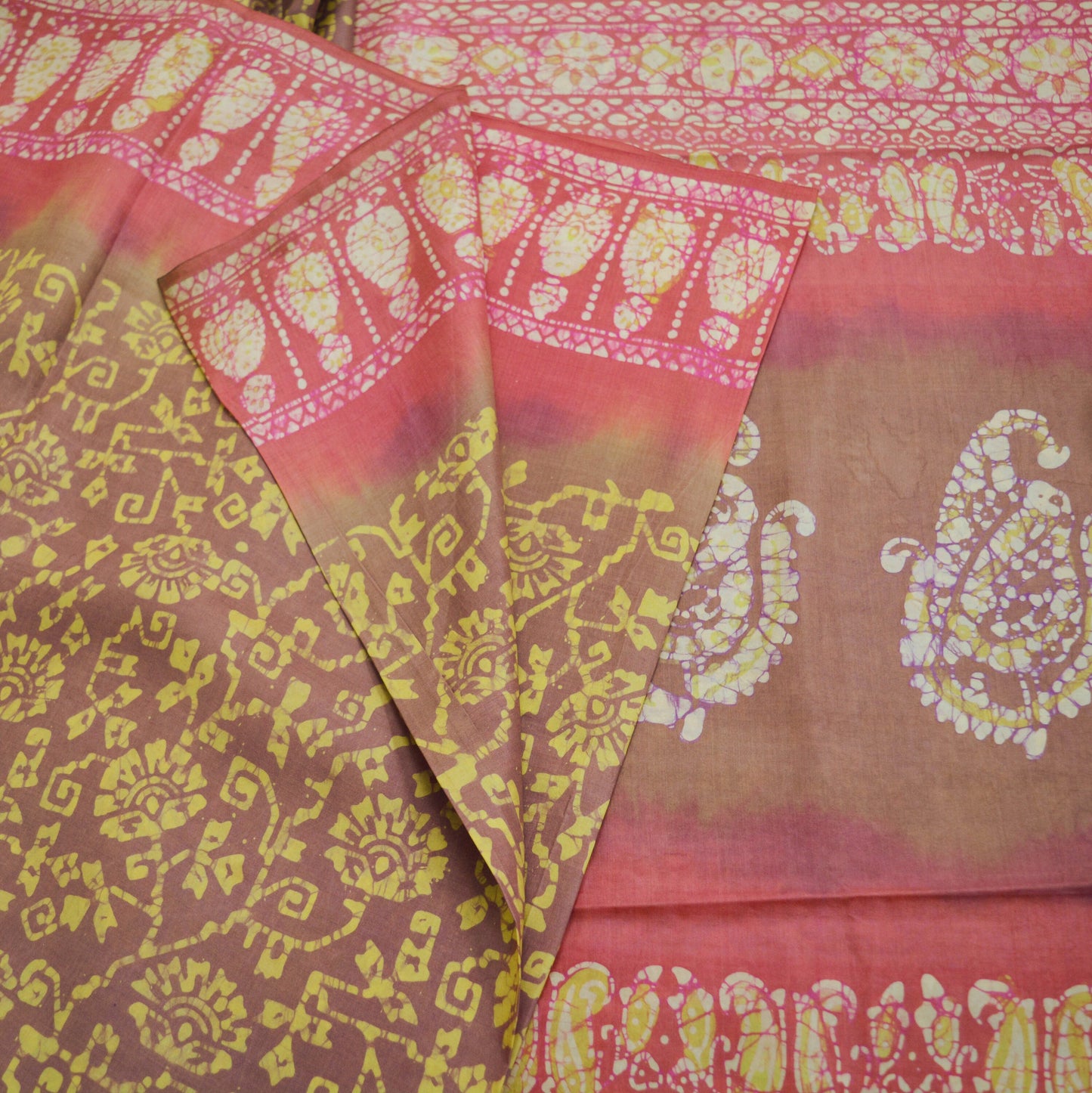 Indian Vintage Sari Pink & Brown Batik Printed Pure Silk Saree Craft Soft Fabric 5Yard Sewing Sarong Wrap Boho