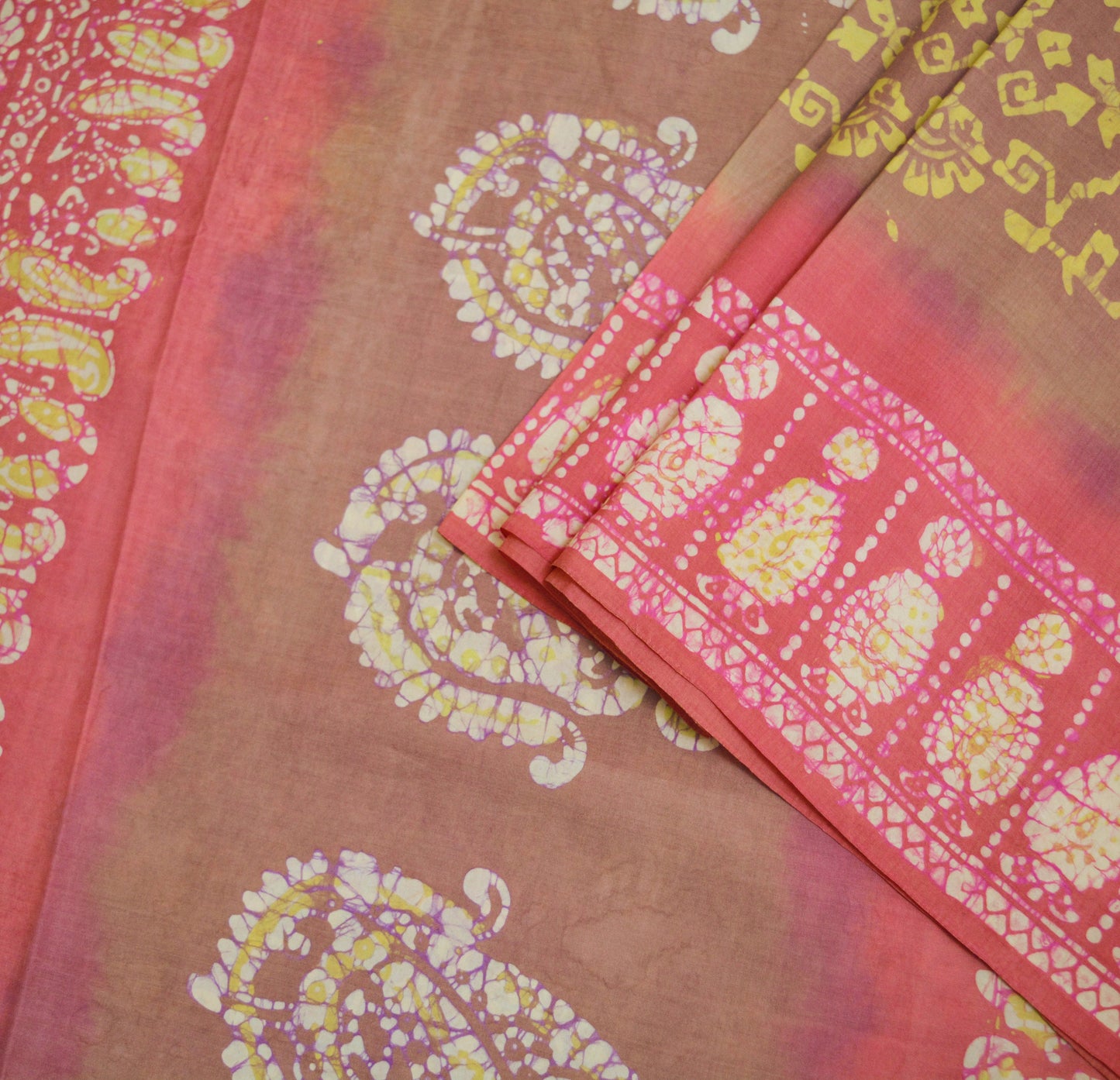 Indian Vintage Sari Pink & Brown Batik Printed Pure Silk Saree Craft Soft Fabric 5Yard Sewing Sarong Wrap Boho
