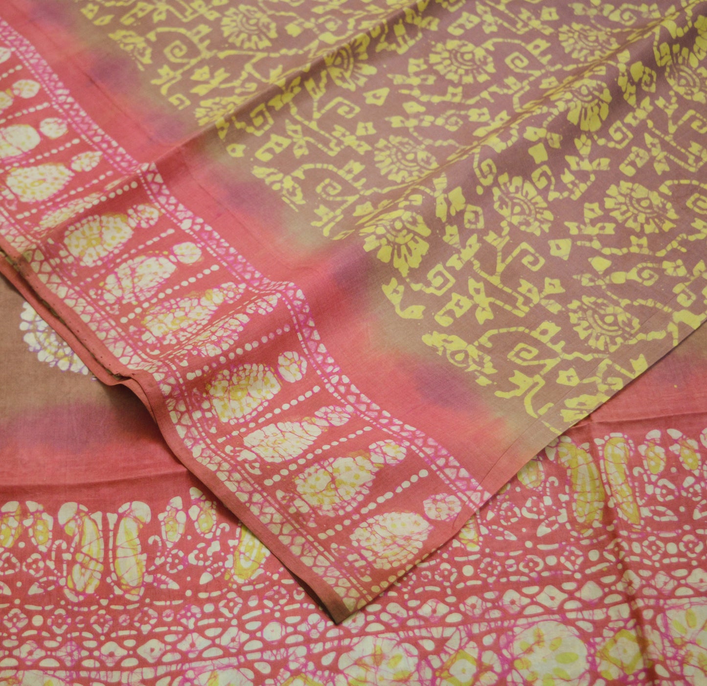 Indian Vintage Sari Pink & Brown Batik Printed Pure Silk Saree Craft Soft Fabric 5Yard Sewing Sarong Wrap Boho