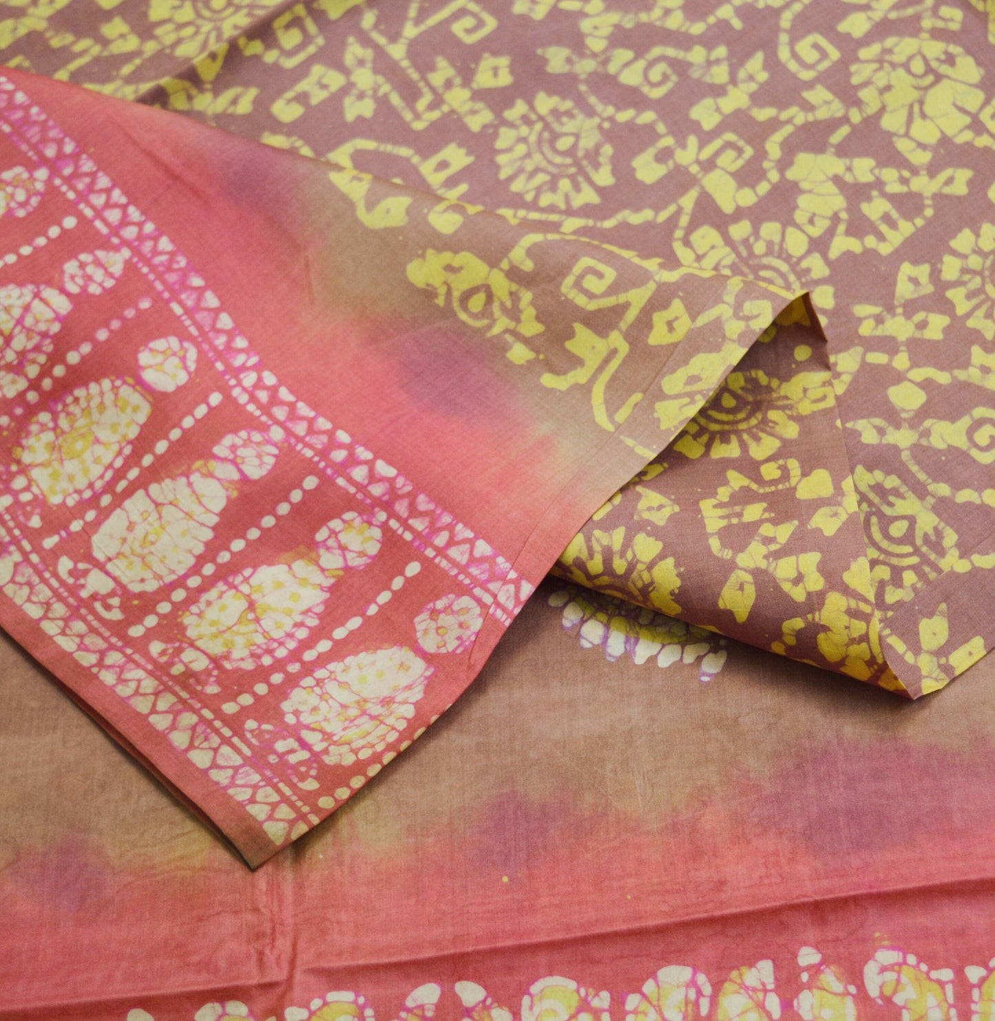 Indian Vintage Sari Pink & Brown Batik Printed Pure Silk Saree Craft Soft Fabric 5Yard Sewing Sarong Wrap Boho