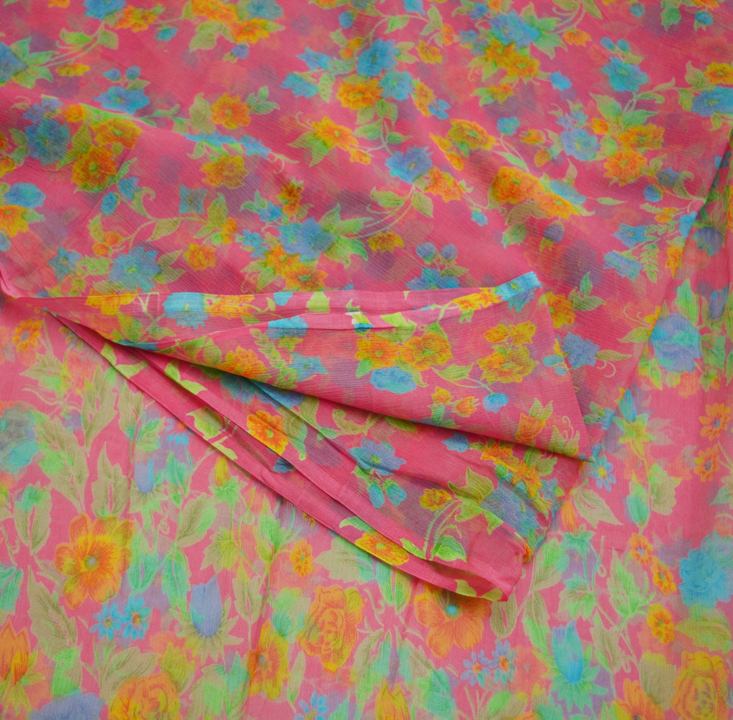 Women Vintage Sari Pink Pure Chiffon Silk Printed Saree Craft Fabric Sewing 5Yard Soft Light Sari Dress Making
