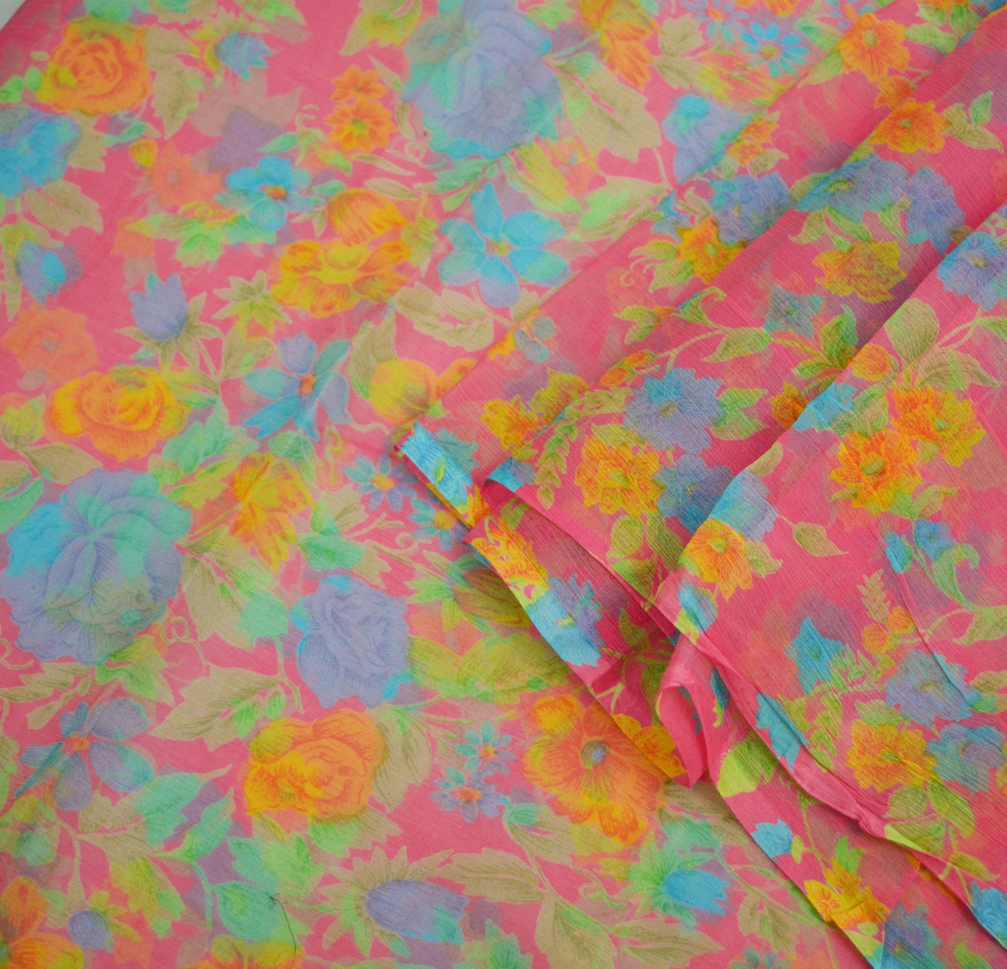 Women Vintage Sari Pink Pure Chiffon Silk Printed Saree Craft Fabric Sewing 5Yard Soft Light Sari Dress Making
