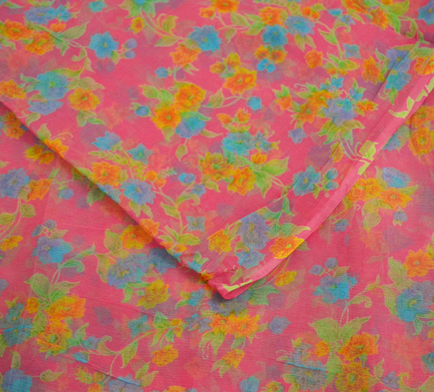 Women Vintage Sari Pink Pure Chiffon Silk Printed Saree Craft Fabric Sewing 5Yard Soft Light Sari Dress Making