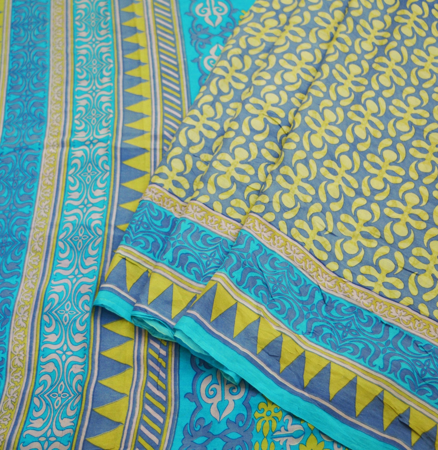 Indian Vintage Sari Turquoise & Gray 100% Pure Silk Saree Printed 5yd Sewing Craft Fabric DressMaking Soft Wrap Upcycle Used Quilting