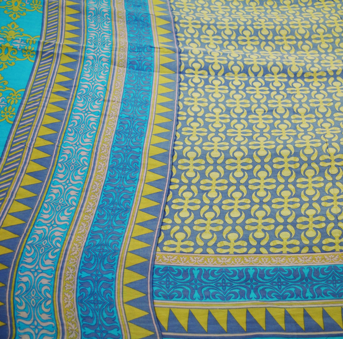 Indian Vintage Sari Turquoise & Gray 100% Pure Silk Saree Printed 5yd Sewing Craft Fabric DressMaking Soft Wrap Upcycle Used Quilting