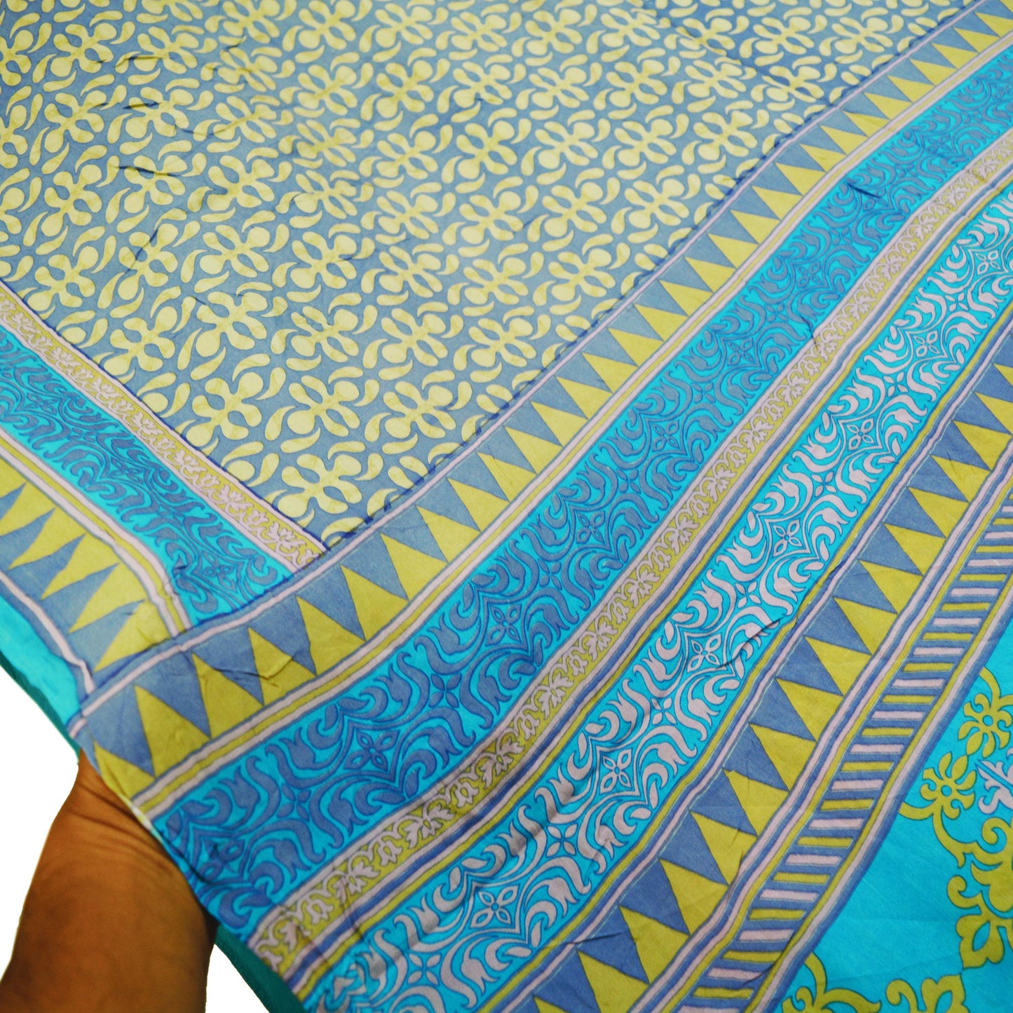 Indian Vintage Sari Turquoise & Gray 100% Pure Silk Saree Printed 5yd Sewing Craft Fabric DressMaking Soft Wrap Upcycle Used Quilting
