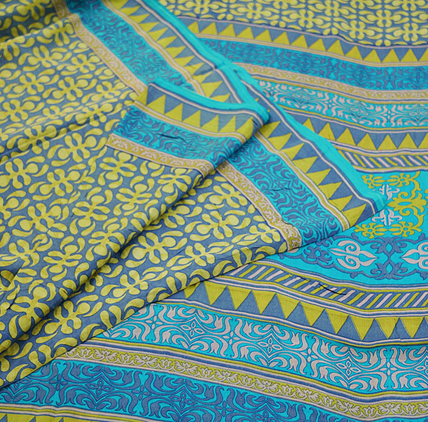 Indian Vintage Sari Turquoise & Gray 100% Pure Silk Saree Printed 5yd Sewing Craft Fabric DressMaking Soft Wrap Upcycle Used Quilting