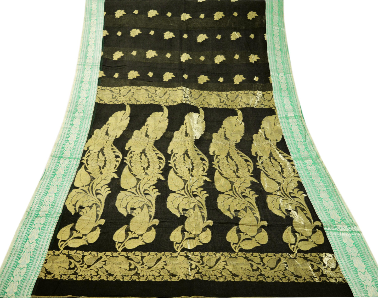 Vintage Sari Black Pure Cotton Hand Woven Saree Golden Zari 5Yard Floral Golden Zari