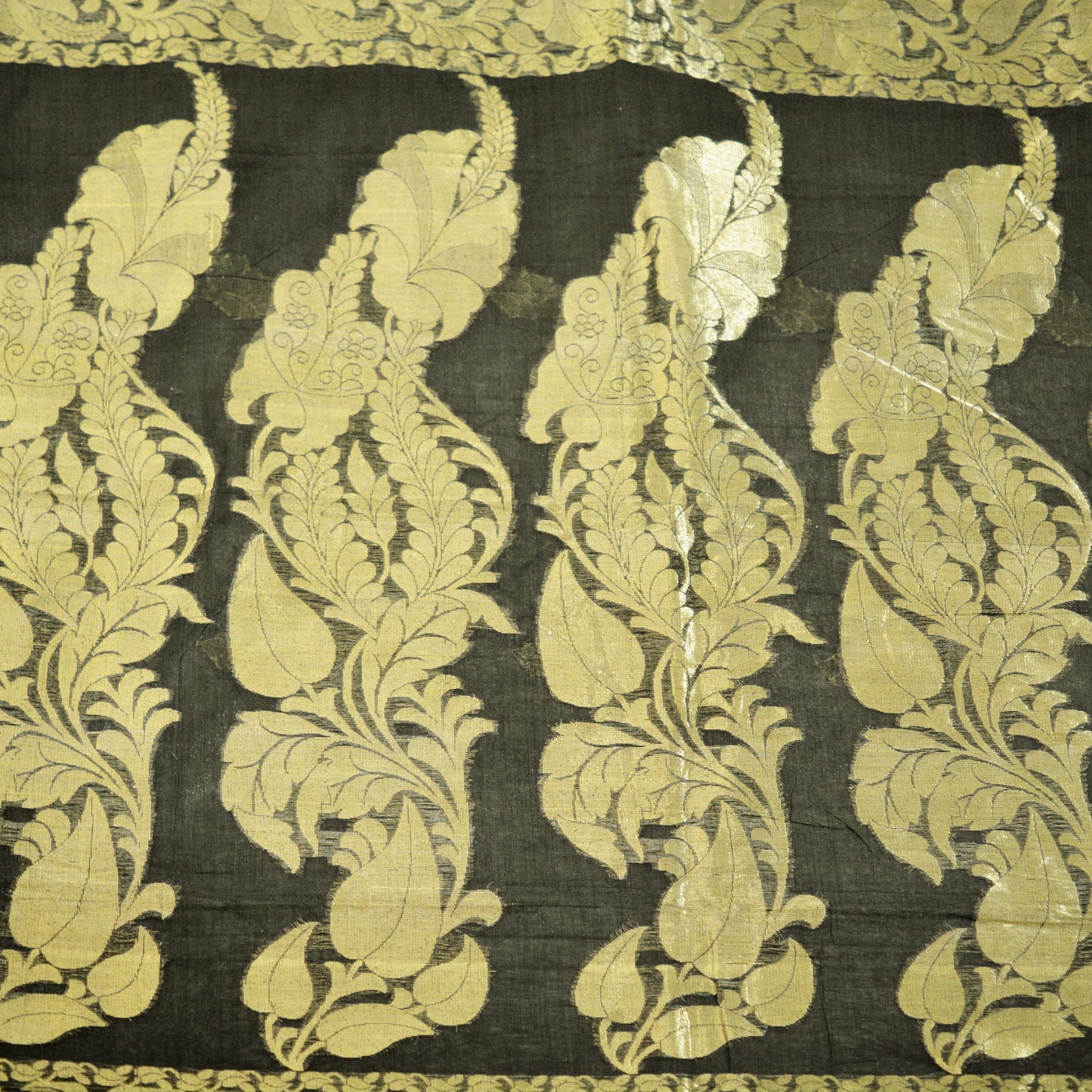 Vintage Sari Black Pure Cotton Hand Woven Saree Golden Zari 5Yard Floral Golden Zari