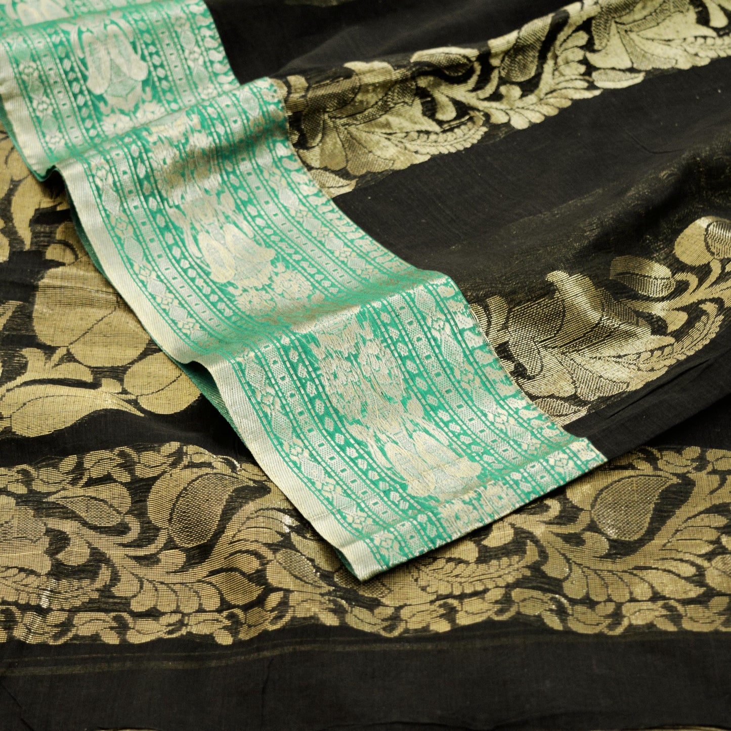 Vintage Sari Black Pure Cotton Hand Woven Saree Golden Zari 5Yard Floral Golden Zari