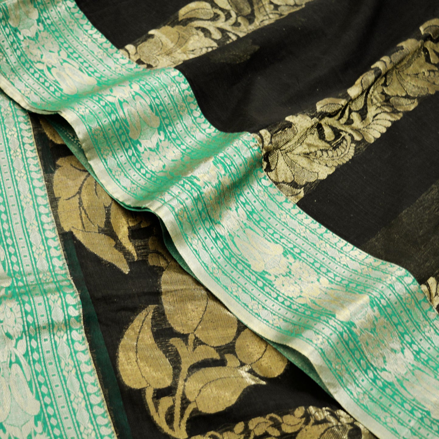 Vintage Sari Black Pure Cotton Hand Woven Saree Golden Zari 5Yard Floral Golden Zari