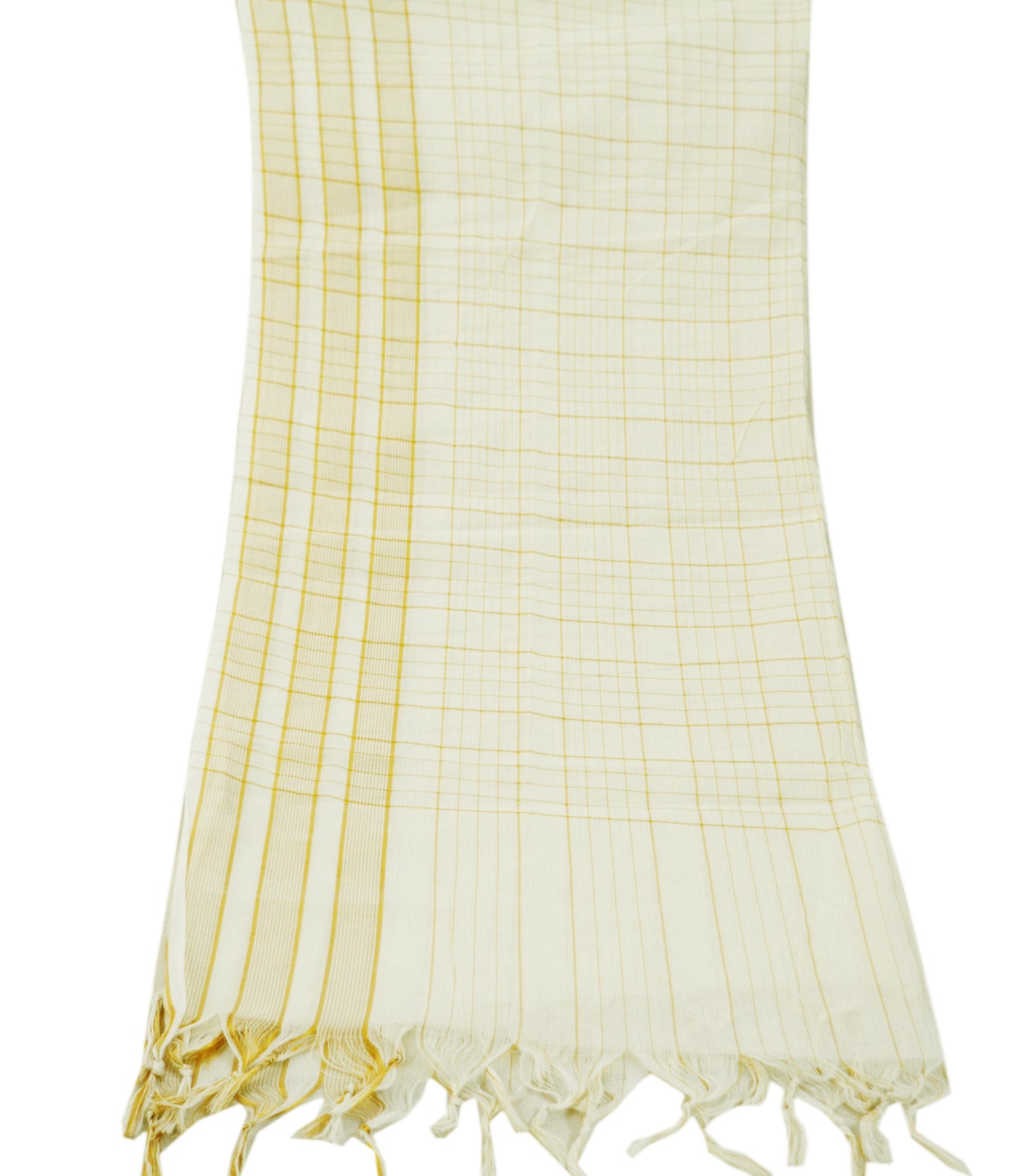 Indian Vintage off-White Dupatta Long Stole Woven Pure Cotton Indian Scarves Veil Golden Zari Soft Fringes