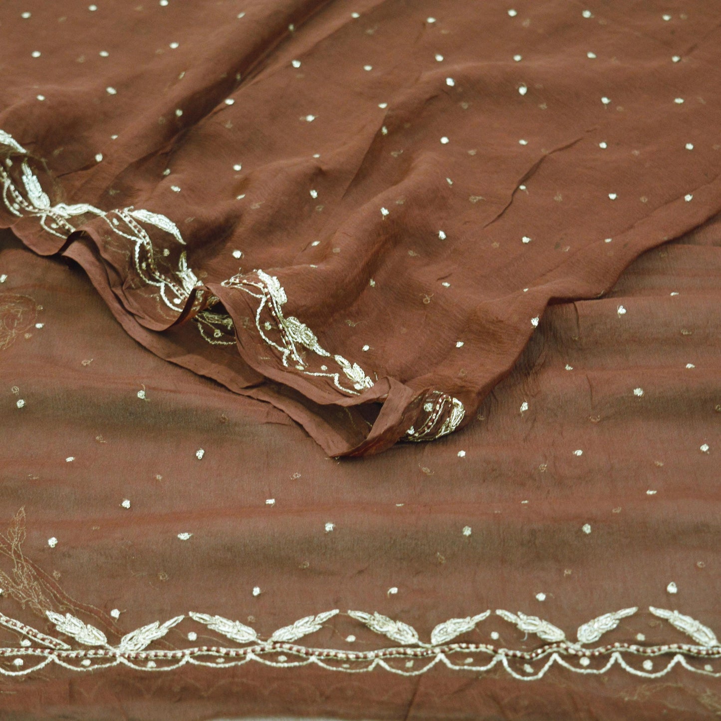 Indian Vintage Brown Dupatta Pure Chiffon silk Long Stole Hand Embroidered Scarves Floral Design Stole Veil Wrap Zari Zardozi