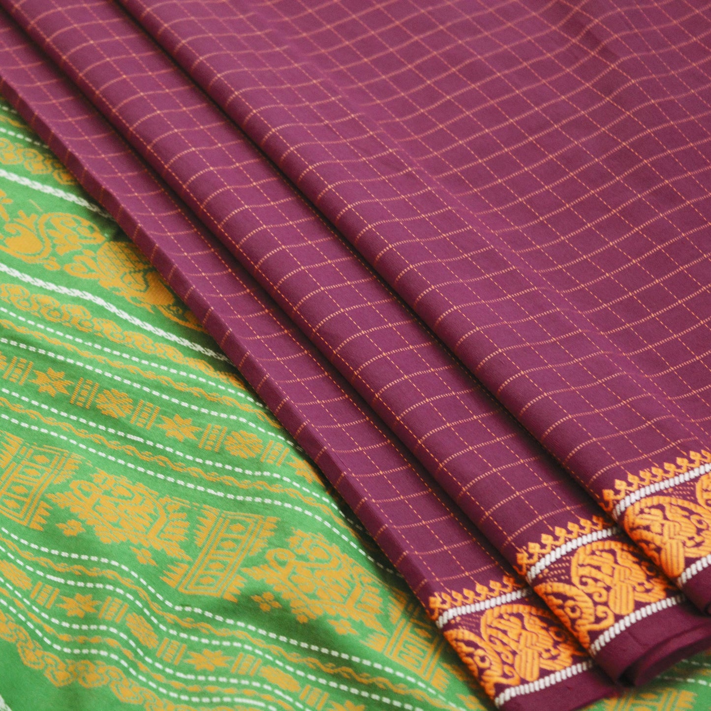 Indian Vintage Sari Purple & Green Pure Cotton Hand Woven Baluchari Saree 5yard Ethnic Fringes Peacock Fringes