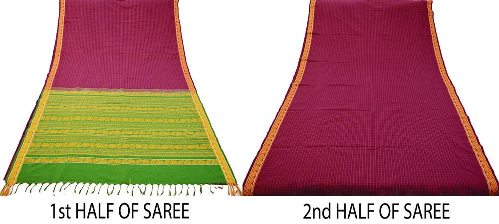 Indian Vintage Sari Purple & Green Pure Cotton Hand Woven Baluchari Saree 5yard Ethnic Fringes Peacock Fringes