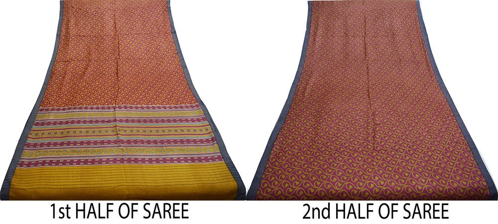 Vintage Maroon & Mustard Heavy Saree Pure Woolen Woven Printed Indian Sari Soft Warm Fabric 6Yard Floral Woven Border