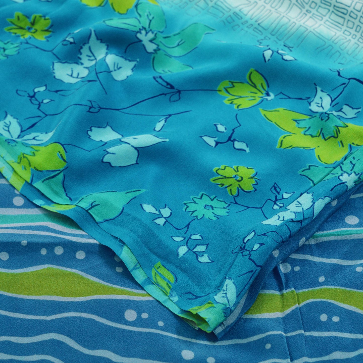 Indian Vintage Sari Blue & Green Pure Crepe Silk Printed Saree 5yard Sewing Floral Soft Craft Fabric Wrap