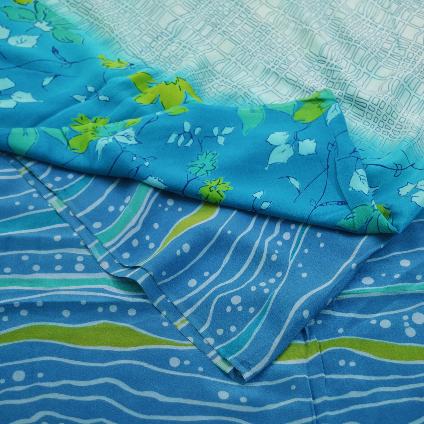 Indian Vintage Sari Blue & Green Pure Crepe Silk Printed Saree 5yard Sewing Floral Soft Craft Fabric Wrap