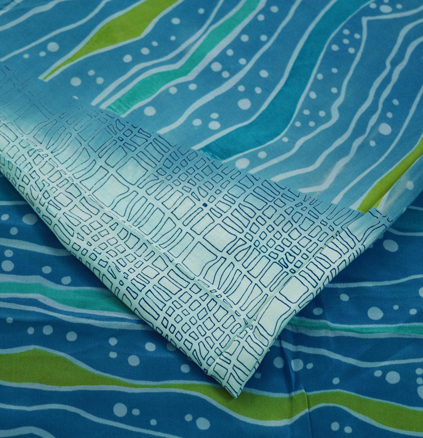 Indian Vintage Sari Blue & Green Pure Crepe Silk Printed Saree 5yard Sewing Floral Soft Craft Fabric Wrap