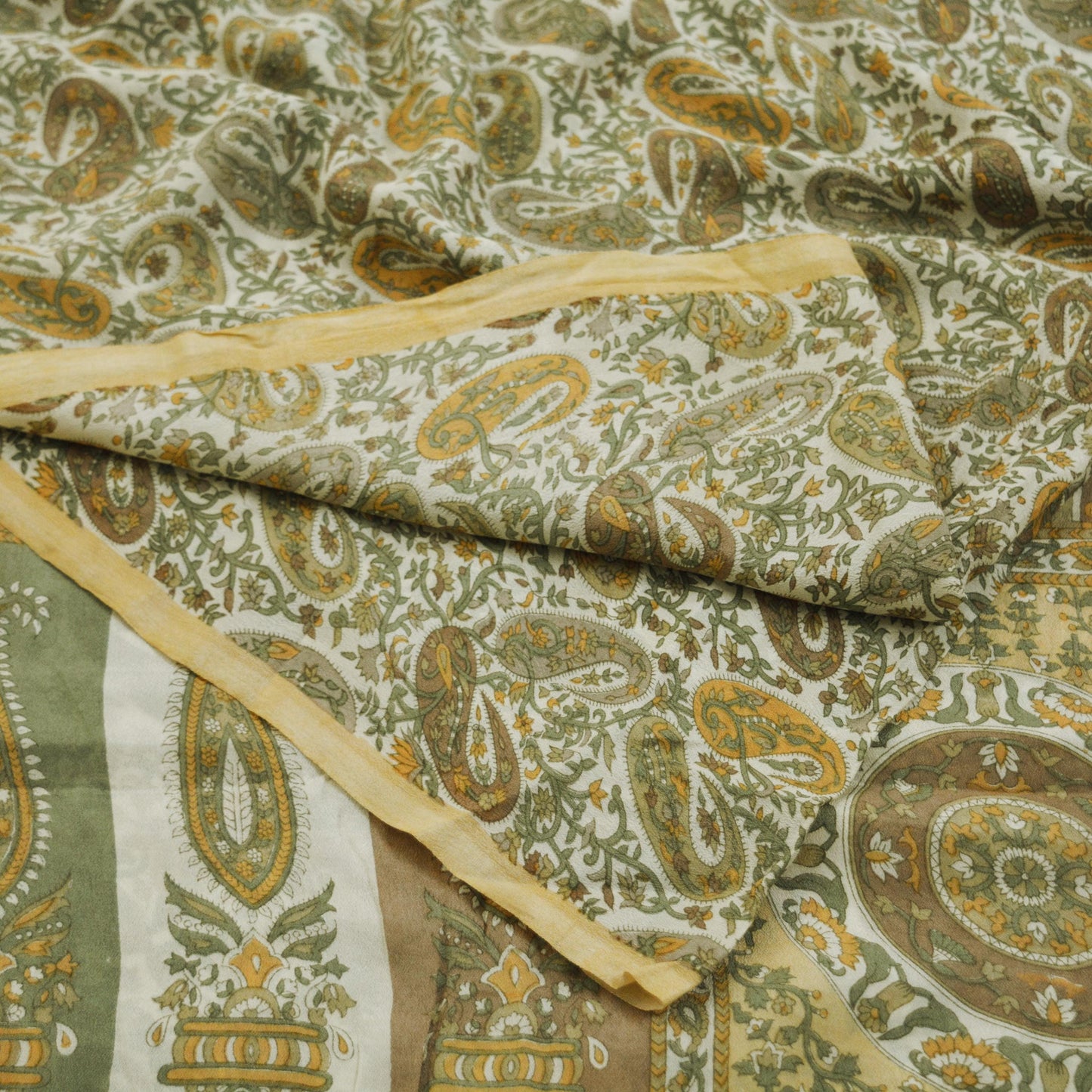 Indian Vintage Sari Ivory & Beige Pure Silk Printed Saree 6yd Sewing Paisley Craft Fabric DressMaking Soft Used Upcycled