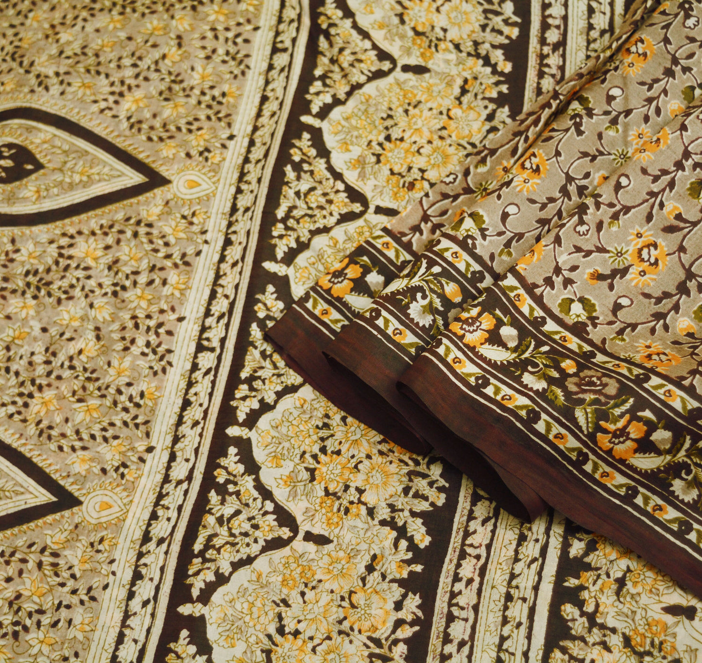 Indian Vintage Sari Brown 100% Pure Silk Printed Saree Fabric 5yard Sewing Craft Fabric DressMaking Wrap Floral