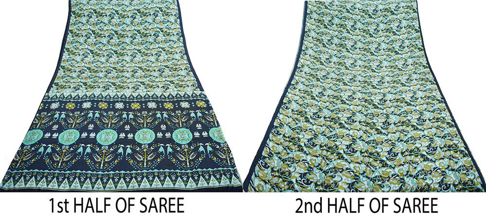 Indian Vintage Sari Blue Pure Silk Printed Saree Fabric 6yard Sewing Craft Fabric DressMaking Soft Wrap Floral