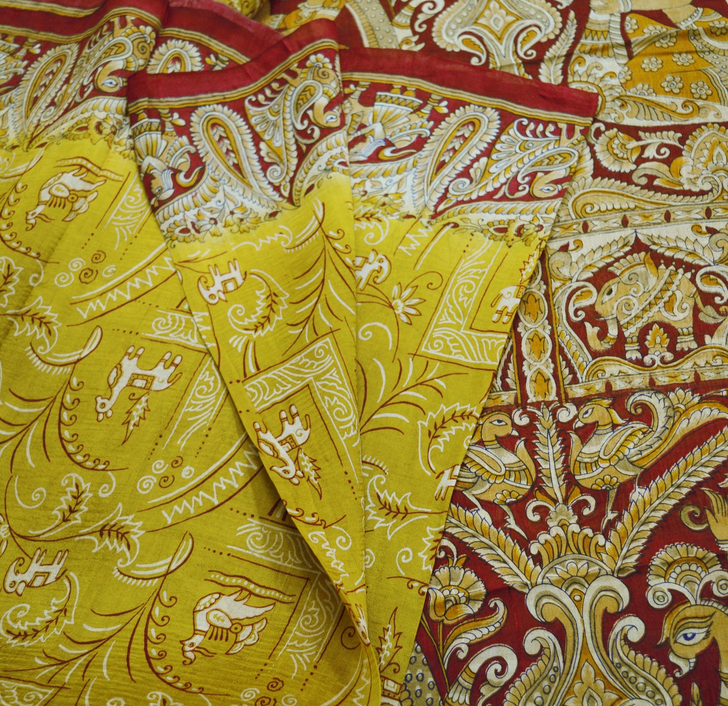Indian Vintage Sari Maroon & Green Pure Silk Printed Saree Fabric 5yard Sewing Craft DressMaking