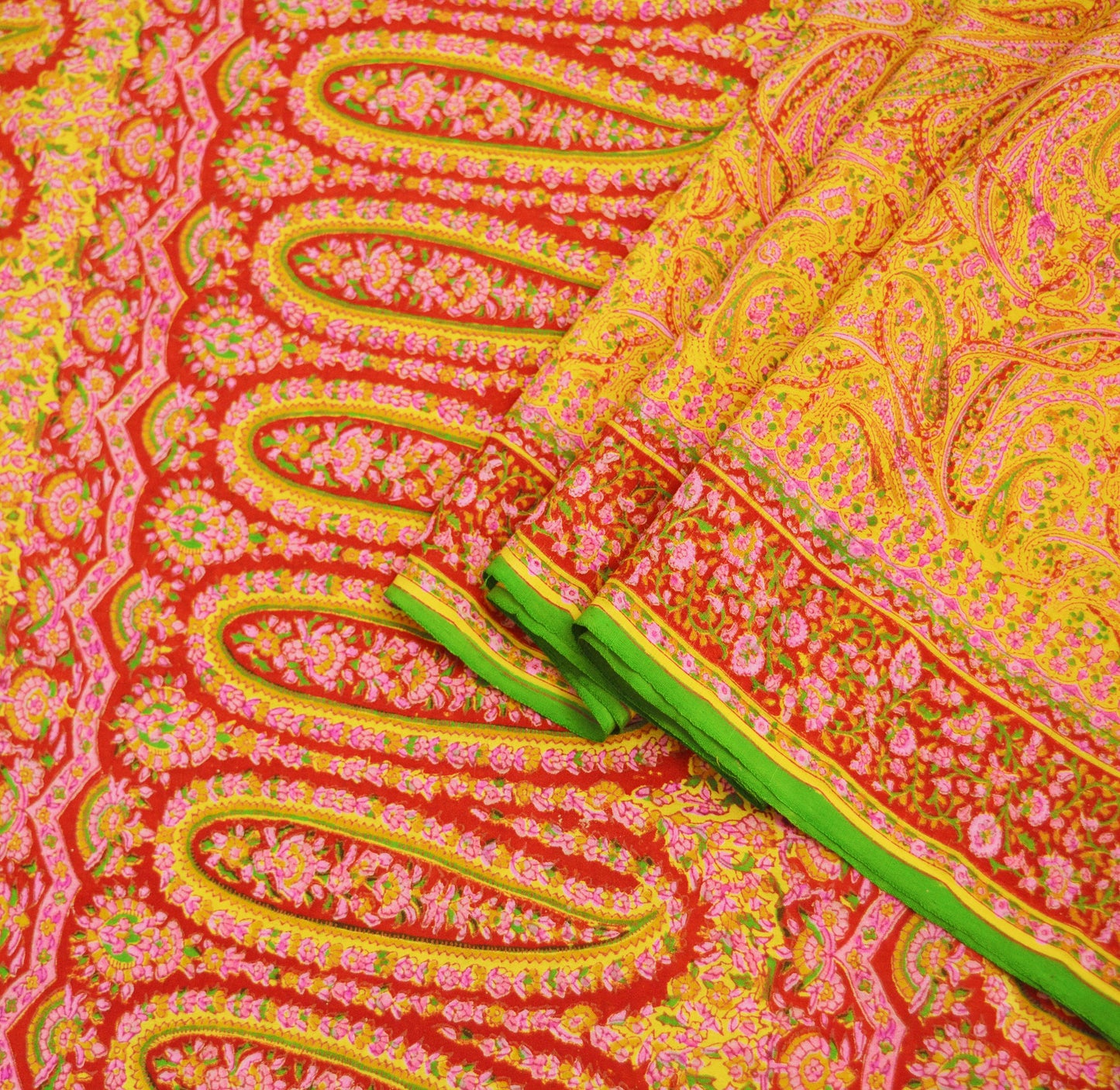 Indian Vintage Sari Red & Yellow Pure Silk Printed Saree Fabric 5yd Sewing Craft Fabric DressMaking Soft