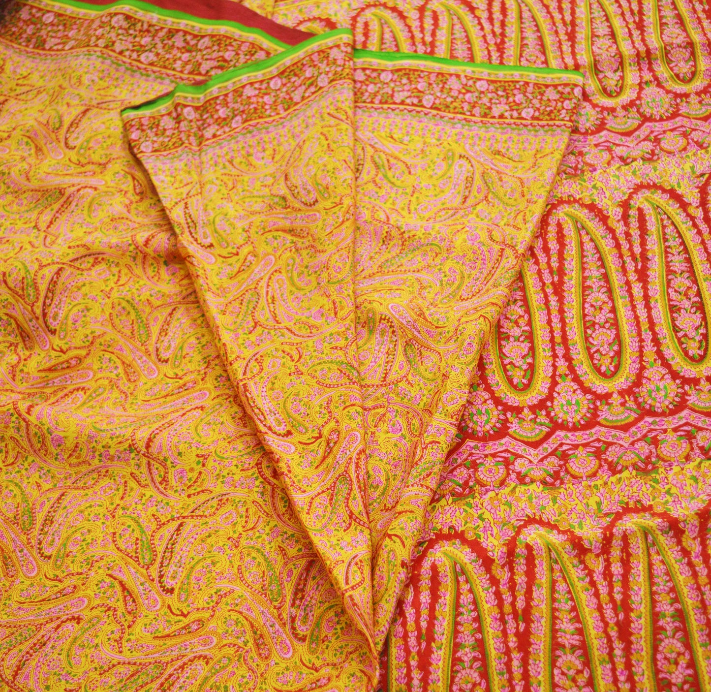 Indian Vintage Sari Red & Yellow Pure Silk Printed Saree Fabric 5yd Sewing Craft Fabric DressMaking Soft