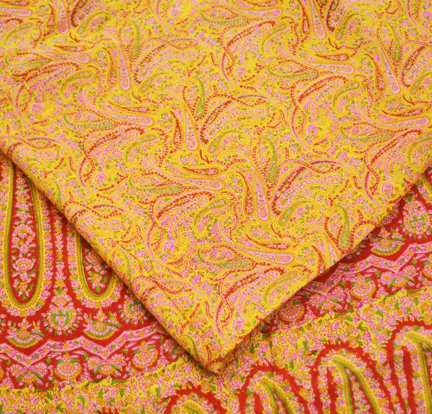 Indian Vintage Sari Red & Yellow Pure Silk Printed Saree Fabric 5yd Sewing Craft Fabric DressMaking Soft
