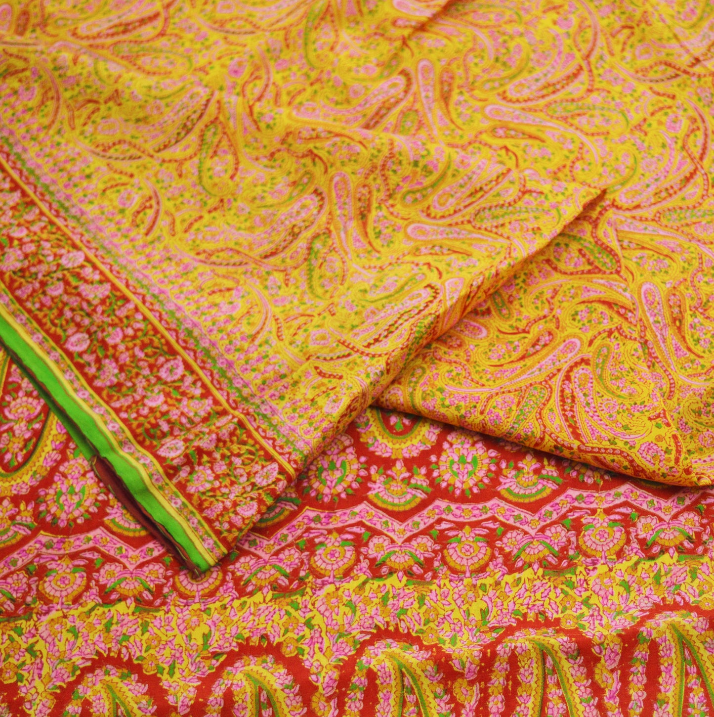 Indian Vintage Sari Red & Yellow Pure Silk Printed Saree Fabric 5yd Sewing Craft Fabric DressMaking Soft