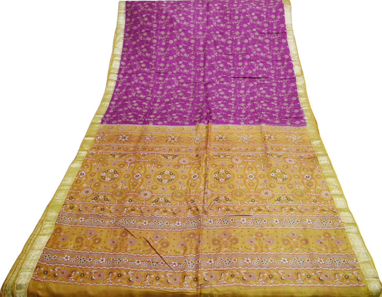 Indian Vintage Sari Purple & Saffron Pure Silk Printed Saree 5yard Sewing Quilting Craft Fabric DressMaking Soft Golden Zari