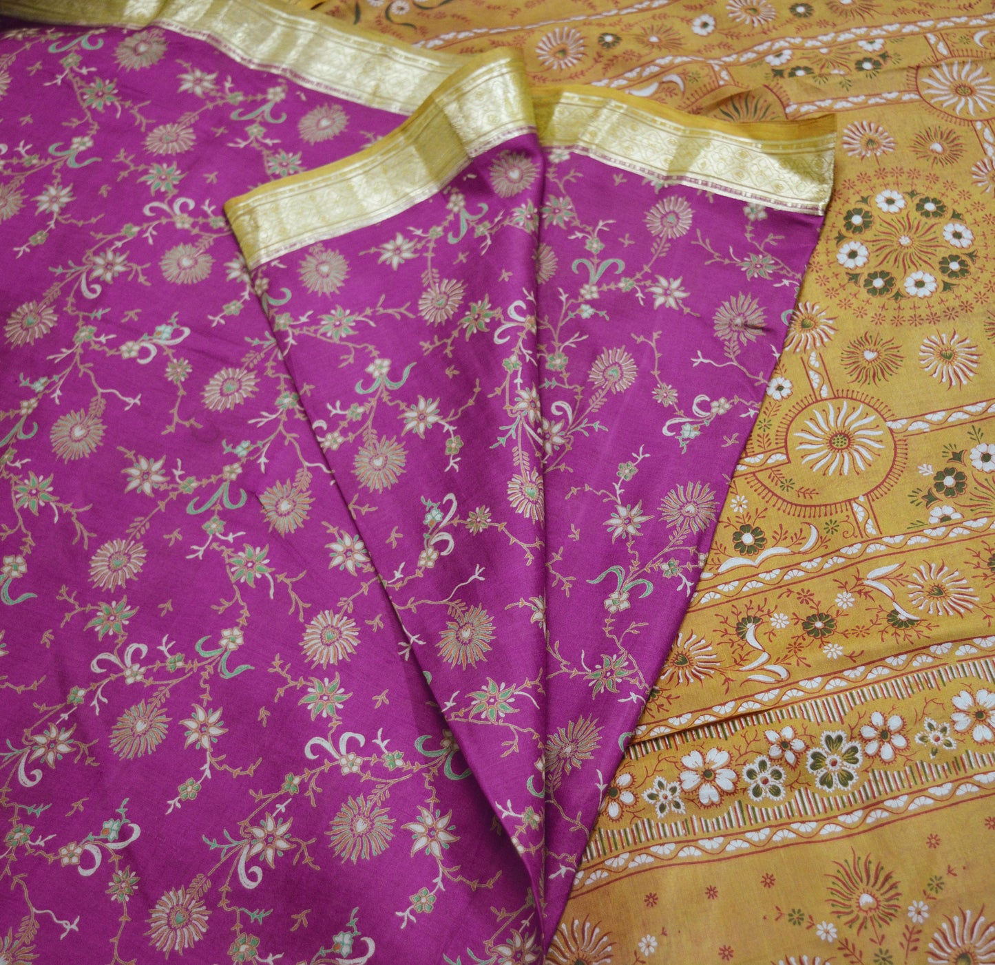 Indian Vintage Sari Purple & Saffron Pure Silk Printed Saree 5yard Sewing Quilting Craft Fabric DressMaking Soft Golden Zari