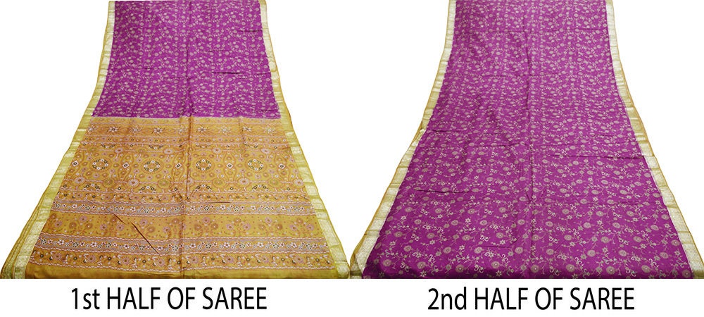 Indian Vintage Sari Purple & Saffron Pure Silk Printed Saree 5yard Sewing Quilting Craft Fabric DressMaking Soft Golden Zari