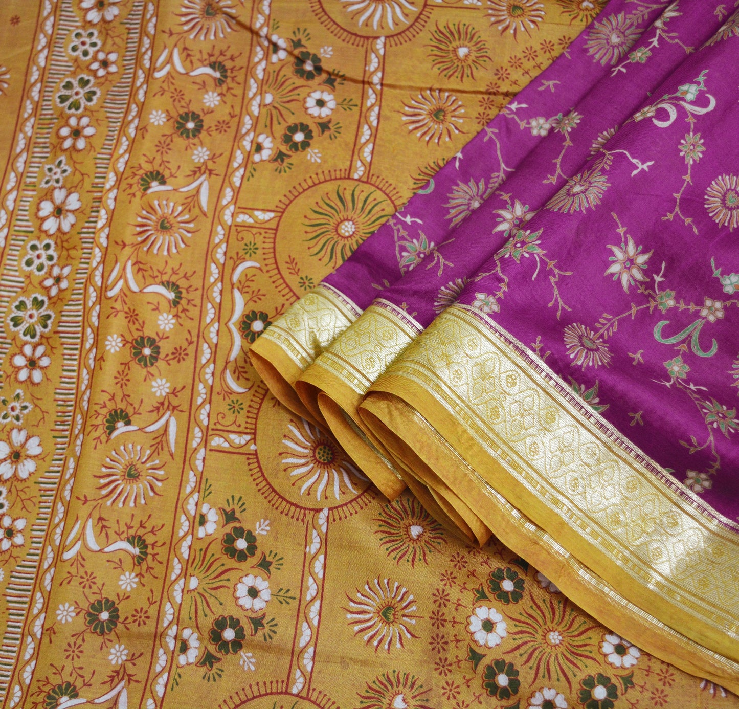 Indian Vintage Sari Purple & Saffron Pure Silk Printed Saree 5yard Sewing Quilting Craft Fabric DressMaking Soft Golden Zari