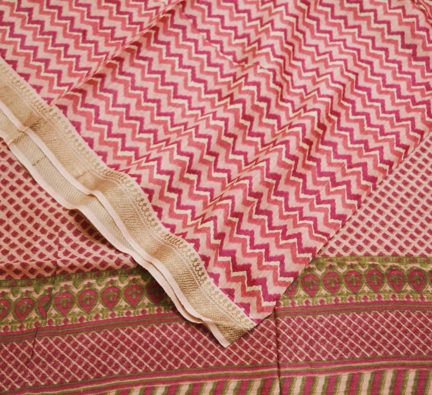 Indian Vintage Peach Dupatta Long Stole Hand Block Print Pure Chanderi Silk Indian Scarves Veil Golden Zari